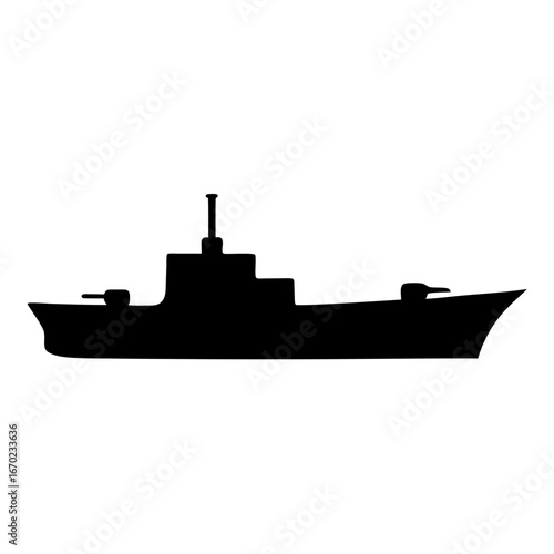 Silhouette illustration of a naval warship with a distinct tower and artillery
