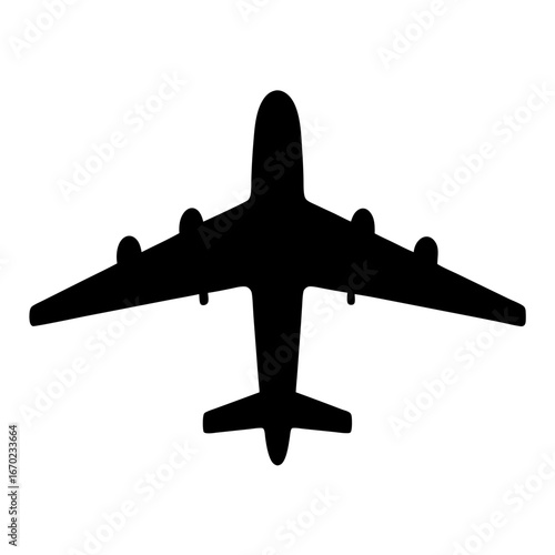 A Black Silhouette of a Large Commercial Airplane, Top View, on White