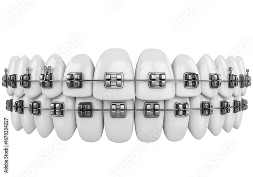 3D Render of Traditional Metal Braces on Perfectly Aligned White Teeth - Orthodontic Treatment Concept