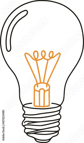 Conceptual continuous line drawing of a light bulb with a glowing orange filament, representing ideas, innovation, and creativity.