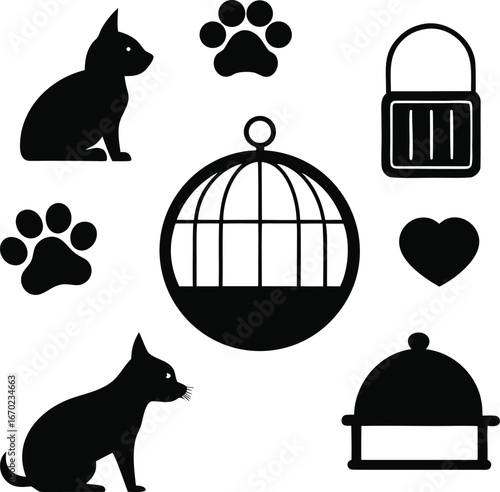 Collection of black animal and pet care icons and silhouettes isolated on white background