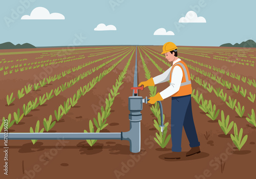 A farmer adjusts irrigation sensors in a field. Clear composition, bright daylight, showcasing agricultural technology. Ideal for farming, irrigation, and rural themes.