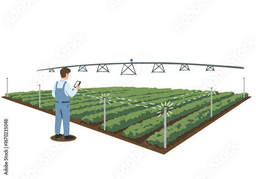 A farmer monitors a smart irrigation system in a field, showcasing modern agricultural technology. Clear, bright, and professional.