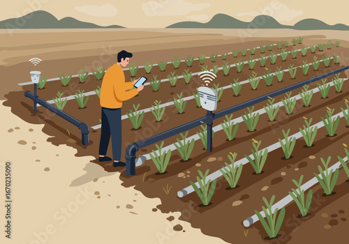 farmer monitors an automated irrigation system in a field using a tablet Modern agriculture precision farming and sustainable water management are highlighted Clear bright and professional