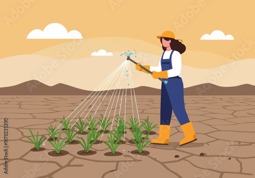 A female farmer waters crops in a dry landscape. She wears protective gear and uses a sprinkler. A hopeful scene of agriculture and resilience.