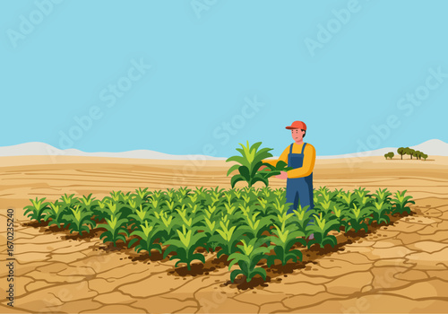 A farmer uses smart technology to monitor crops in a field. Modern agriculture, precision farming, and sustainable practices are highlighted. Bright, sunny landscape.
