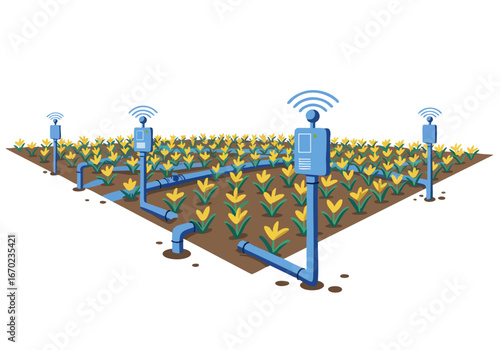 Modern agricultural technology irrigates a vibrant field. Smart sensors monitor crops, showcasing efficient water management. Clean, bright, and technologically advanced.