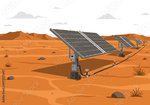 A modern solar farm stretches across a desert landscape. Solar panels and infrastructure power a sustainable future. Clean, bright, and visually striking.