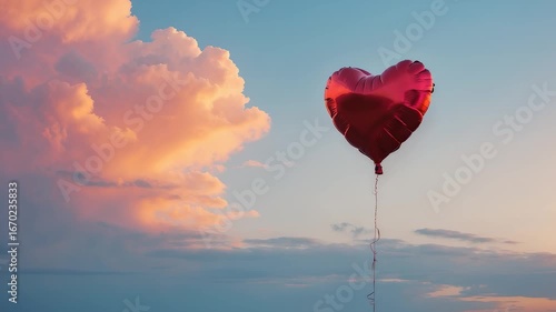 Red heart shaped balloon floating in evening sky with soft pastel clouds during sunset creating romantic and dreamy atmospheric scene