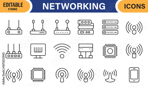 Set of Networking Icons - Wi-Fi, Router, Server, Cloud, and Data Connection