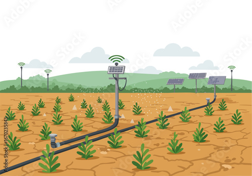 Smart irrigation system efficiently waters a field using solar power. Modern agricultural technology promotes sustainable farming. Clear, bright, and visually appealing.