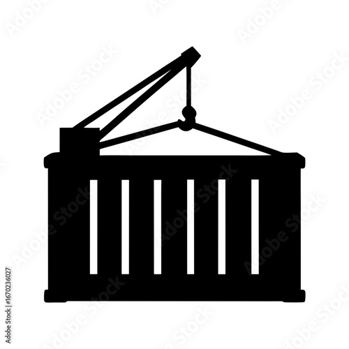 Silhouette of a shipping container suspended by a crane hoist mechanism