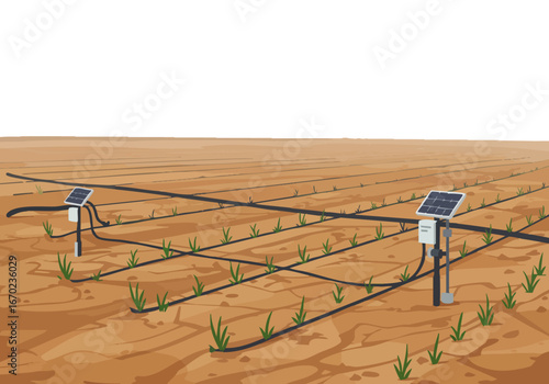 Solar irrigation system irrigates crops in a desert landscape. Modern panels power the drip system, showcasing sustainable agriculture. Clear, bright, and visually appealing.