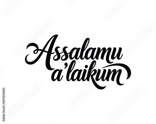 Elegant Black Calligraphy of Assalamu Alaikum Greeting, Islamic Script, on White Background. Artistic Style, Vector Illustration.