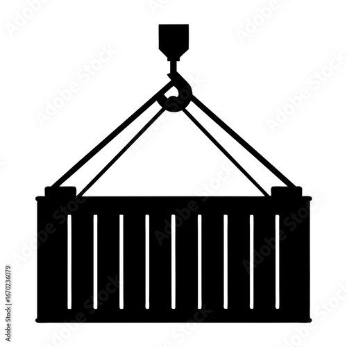 Monochrome illustration of a container being lifted by a crane hook