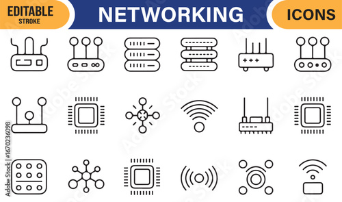 Technology Network Icons - Digital Router, Wi-Fi, and Connection Symbols