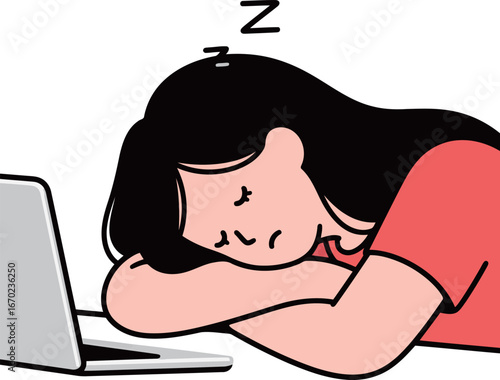 A tired woman sleeping with her head on a laptop, a flat illustration representing burnout, exhaustion, and work-life imbalance.