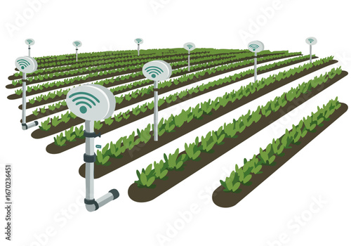 A stylized illustration depicts a 'Water Smart Farm' utilizing wireless sensors for precision irrigation.  A modern, agricultural scene with clear visual appeal for commercial use.