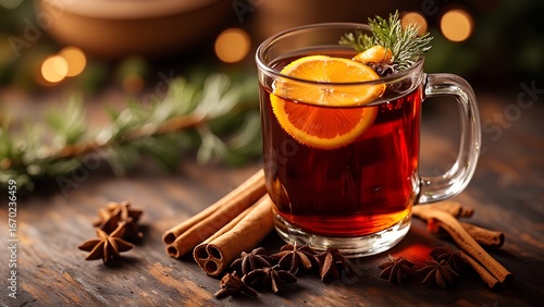 Fototapeta Naklejka Na Ścianę i Meble -  A cozy mug of spiced tea garnished with orange slices and cinnamon, surrounded by festive greenery and warm ambient lighting.