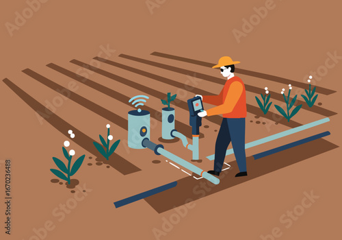 A technician troubleshoots irrigation pipes in a field using a handheld device.  Clear, modern illustration showcasing agricultural technology.  Focus on the equipment and setting.