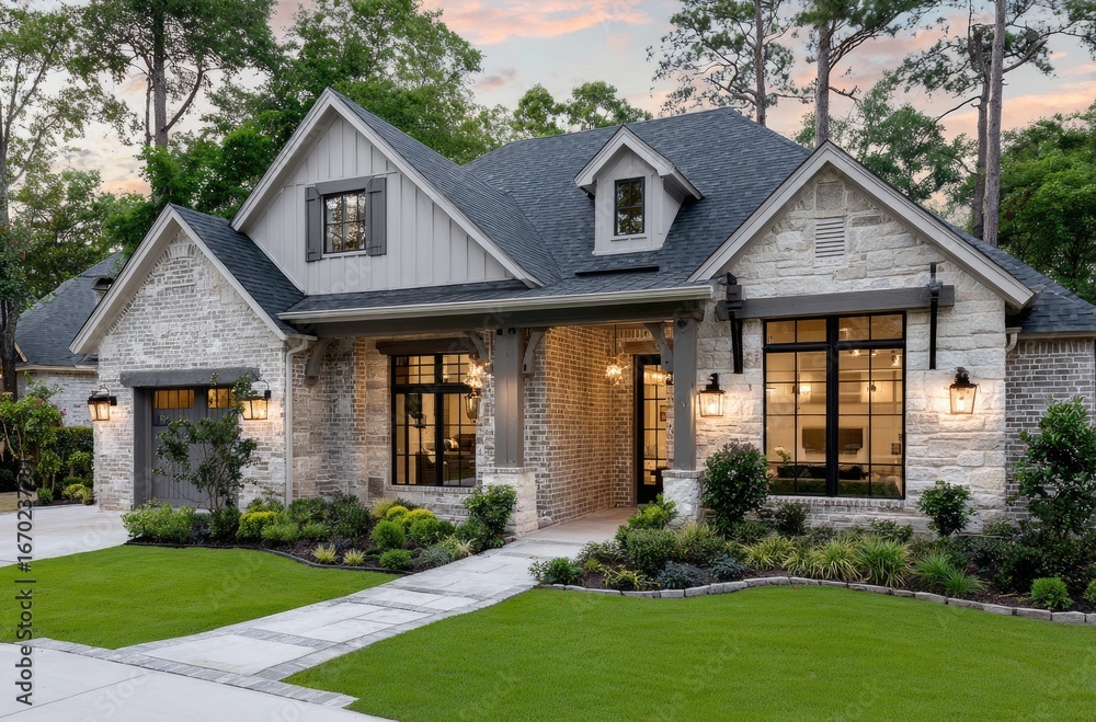 Obraz premium the front view of an elegant single-story stucco and stone home in san antonio, texas