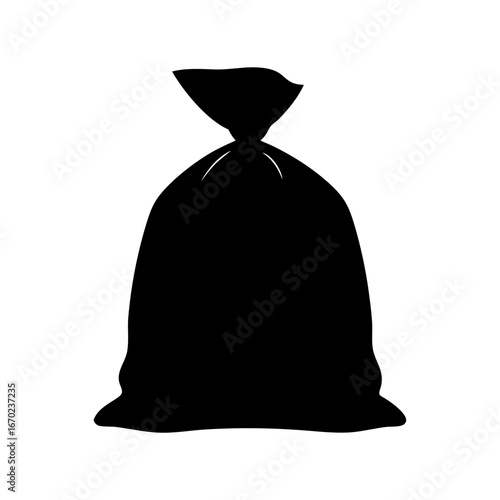 Black silhouette of a tied sack, resembling a garbage or treasure bag