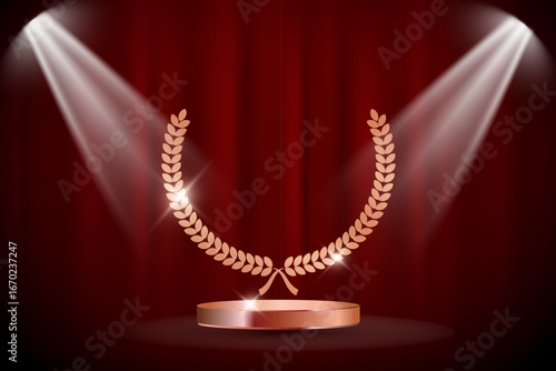 Bronze award signs with podium and laurel wreath isolated on red waving curtain background under spotligts