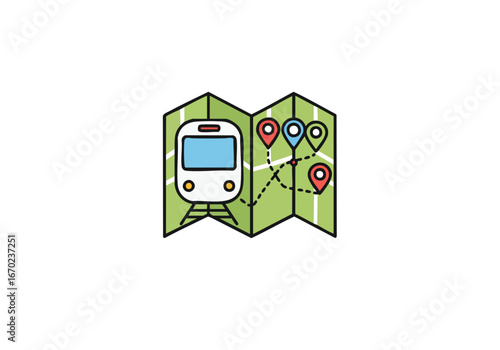 Train on a map with location pins, representing travel and transportation.