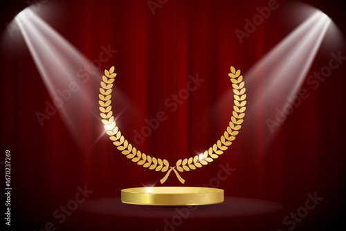 Golden award signs with podium and laurel wreath isolated on red waving curtain background under spotligts