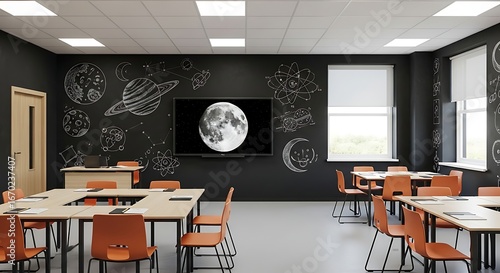 Modern Classroom with Chalkboard Wall Featuring Planets and a Moon Display