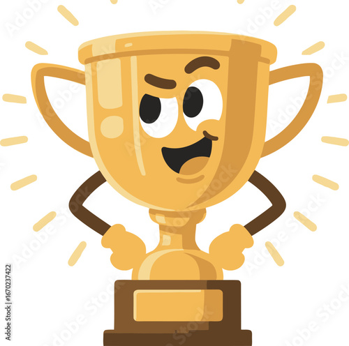 An illustration of a golden trophy with a proud and happy cartoon face, representing success, victory, achievement, and winning a competition.