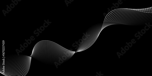 Abstract white wave dynamic curve lines on black background. Wave modern stream transparent background.  Digital various curved frequency track equalizer, geometric wave Curve flow motion line vector 
