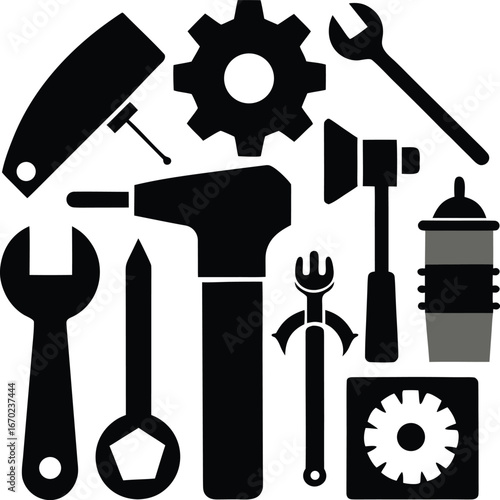 Collection of industrial tools and machinery parts depicted as a black silhouette isolated on white background