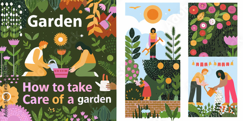 Diverse people tending to lush gardens and plants with watering cans and tools