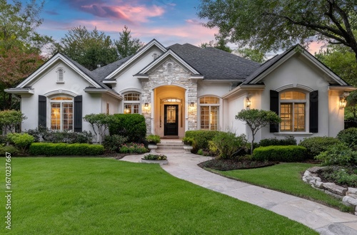 the front view of an elegant single-story stucco and stone home in san antonio, texas
