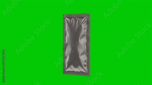 Blank Silver Foil Sachet Mockup on Green Screen for Product Packaging Design Template