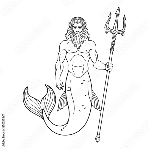 Artistic Sea God Triton Line Art – Triton Vector Illustration Refined Ancient Drawing – Triton Drawing – Line Art Drawing of Triton – Triton Icon – Greek God Vector
