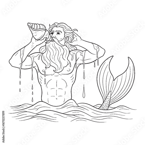 Divine Messenger Triton Line Art – Triton Vector Outline Drawing with Defined Sea God Symbolism – Triton Drawing – Vector of Triton – Triton Outline – Greek God Lineart