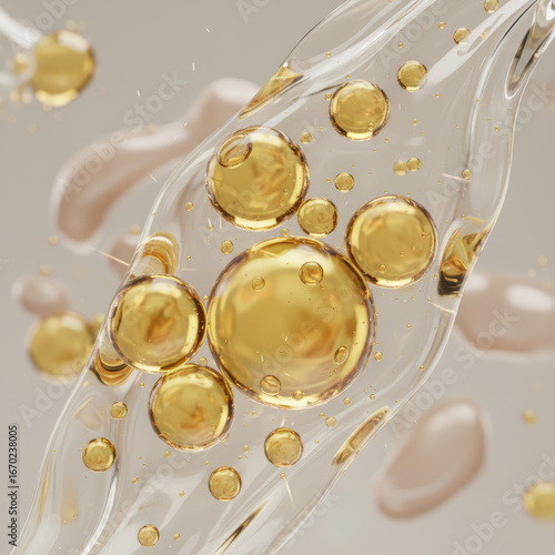 Avocado oil droplets, yellow liquid serum texture, 3D rendering glowing cosmetic skincare natural beauty oil drops background