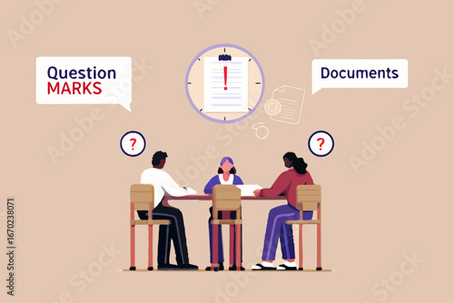 Team members discuss documents with question marks and an exclamation point on a clock face