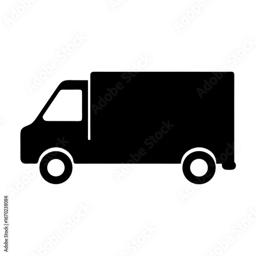Silhouette of a delivery truck in solid black on white background