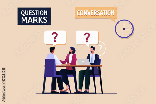 Business meeting with question marks in speech bubbles indicating uncertainty and a clock showing time passing