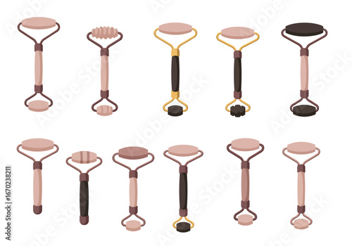 A collection of eleven face rollers in varied styles and colors arranged in two rows against a white background