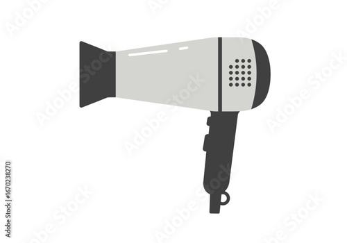 A gray hairdryer with a black nozzle handle and circular grid on the back
