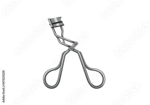A gray metal eyelash curler with a padded clamp against a white backdrop