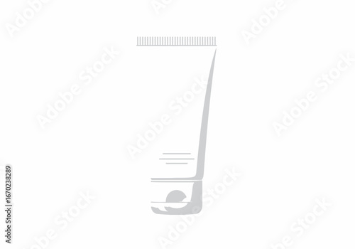 A gray tube of cream or lotion with a ridged top and curved body stands on a white background