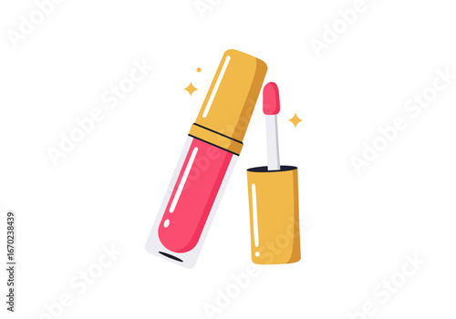 A pink lip gloss with a gold lid next to its applicator against a white background with stylized sparkles