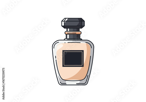 A perfume bottle with a black cap and label is filled with a peach liquid and outlined in blue