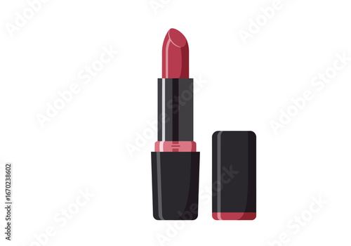 An open lipstick tube with a red lipstick shade and black casing stands against a white backdrop