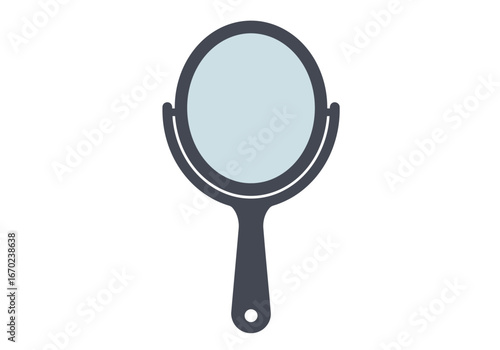 An oval hand mirror with a light blue reflective surface handle and a hole at the base
